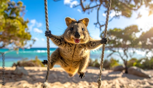 Kangaroo Swinging on Beach Rope Swing.