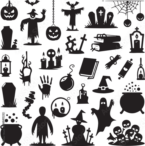 Black halloween icons set including ghosts pumpkins and zombies