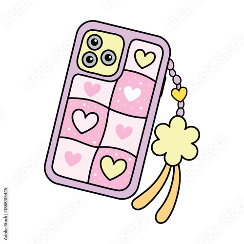 Cute pastel smartphone illustration with heart patterns and decorative charm, playful modern digital accessory design