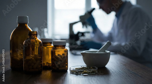 Scientist examining medicinal ingredients in laboratory