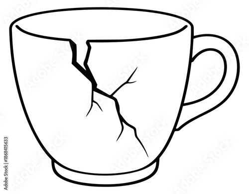 Hand drawn line art illustration of a cup depicting a crack for design elements