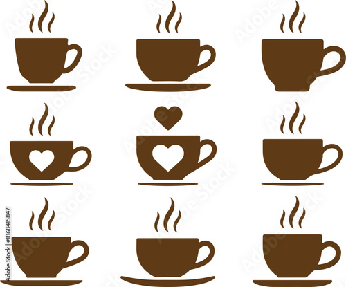 Coffee mug and tea cup vector icon . Black silhouette collection with steam and heart symbols for cafe logo, coffee shop branding, menu design or hot drink element. [Converted]