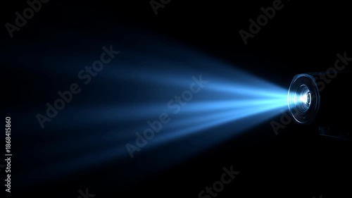 Cinematic blue projector light beam from technology lens shines powerful, mysterious ray, creating focused illumination and futuristic glow against dark background for cinema