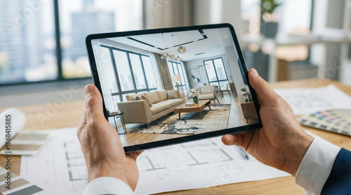 Person reviewing modern living room design on tablet