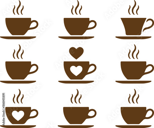 Coffee mug and tea cup vector icon . Black silhouette collection with steam and heart symbols for cafe logo, coffee shop