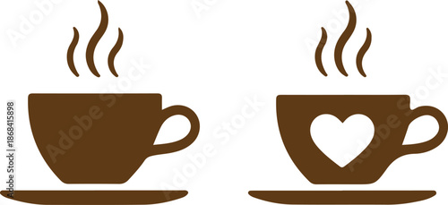 Coffee mug and tea cup vector icon . Black silhouette collection with steam and heart symbols for cafe logo, coffee shop