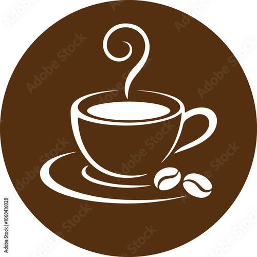 Simple brown coffee cup logo. Hot coffee cup icon. Coffee Mug and Beans Logo Design. Minimalist Brown Coffee Shop Symbol.Hot Coffee Cup Icon