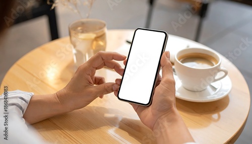 Person Holding Smartphone with Coffee Nearby.