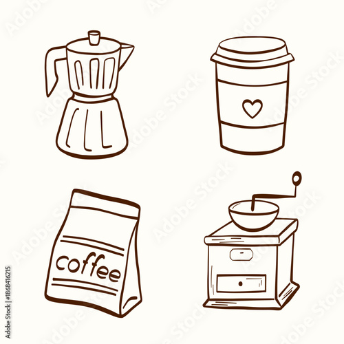 Hand-drawn coffee collection featuring espresso, coffeepot, grinder, and coffee-to-go icons. Suitable for cafe logos, menu templates, and barista-themed designs