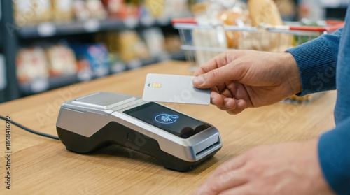 Person inserting contactless card into payment terminal in grocery store