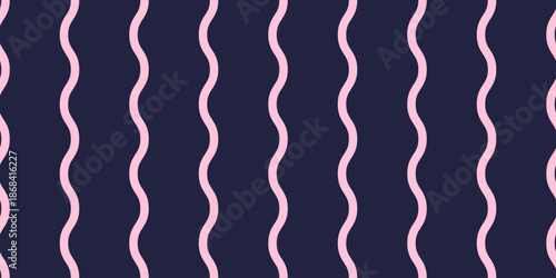 Seamless pattern with soft pink wavy stripes on a deep navy background. Minimal decorative repeat suitable for textiles, fabric printing, wrapping paper, stationery and modern packaging