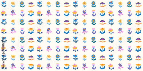 Seamless floral pattern with cute Nordic flowers, leaves, and a clean geometric layout. Designed for Scandinavian textiles, wallpaper, and modern interior prints