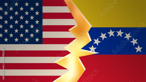 Political conflict vector banner with fire crack or lightning between USA and Venezuela flags. Dark horizontal background, dramatic design. Confrontation, tension or relations deterioration concept.