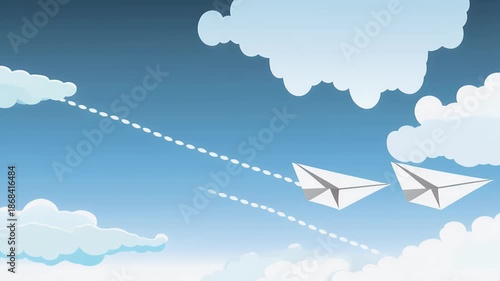 Two Paper Planes Flying Communication Path Sky Background Loop