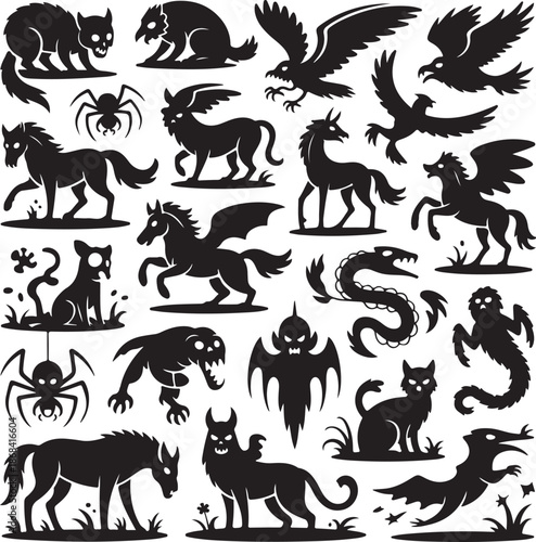 black silhouette icons of fantasy creatures and animals