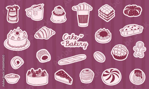 cake and bakery - cafe bread pastry hand drawn illustration icon collection set, tart, croissant, coffee, b