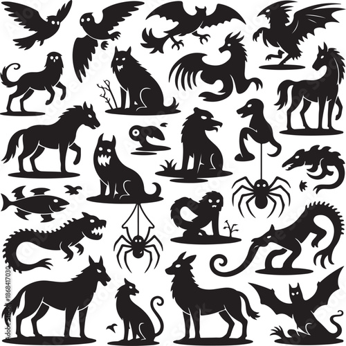 black silhouette icons of various mythical creatures and animals on white background