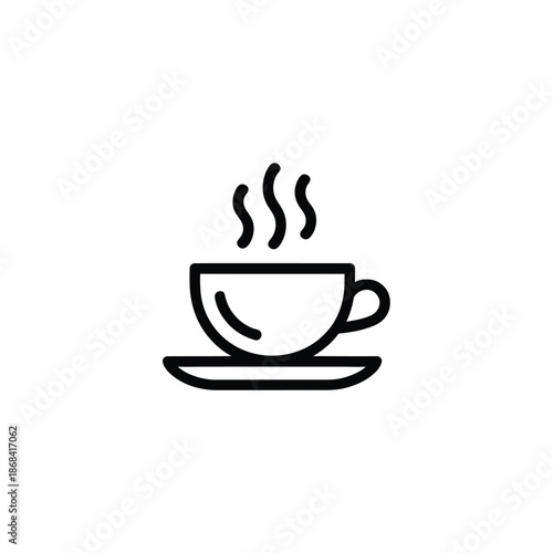 Simple line drawing of a steaming hot cup of coffee on a saucer