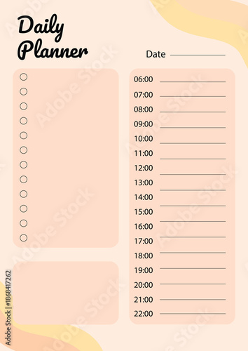 Minimal daily planner template with hourly schedule from morning to evening.Perfect for productivity, time management, planning tasks, printable planners, digital planners, notebooks, and stationery 