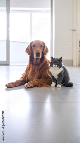 A golden retriever lies next to a gray and white cat on a neutral floor indoors with a large window in the background
