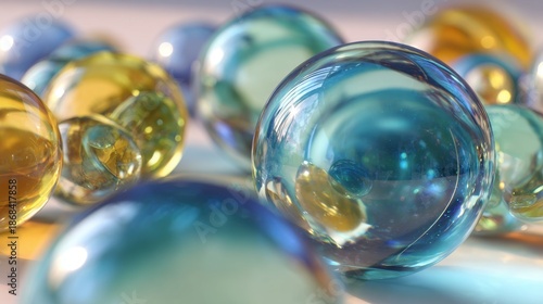 Colorful Glass Marbles in Soft Light with Reflections and Shadows