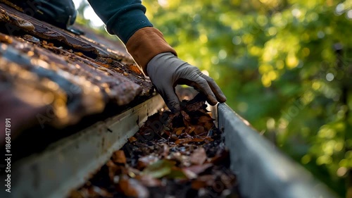 Hand cleaning roof gutter filled with wet leaves and debris during autumn maintenance task under natural daylight in residential home exterior