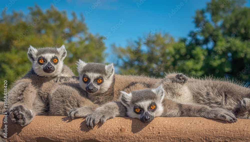 Fototapeta premium Joyful lemurs bask in the sun: a peek at their natural allure
