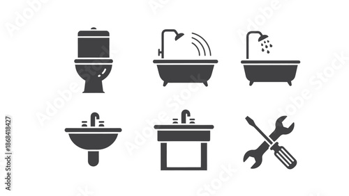 A set of bathroom fixtures and plumbing repair tool icons in black and white.