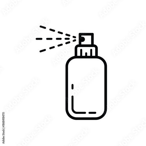 Black and white icon of a spray bottle with spray nozzle