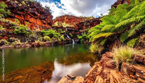 Serene Waterfall in Rocky Landscape Oasis.