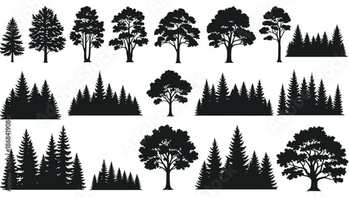 Collection of Black Silhouettes of Various Trees and Forests.