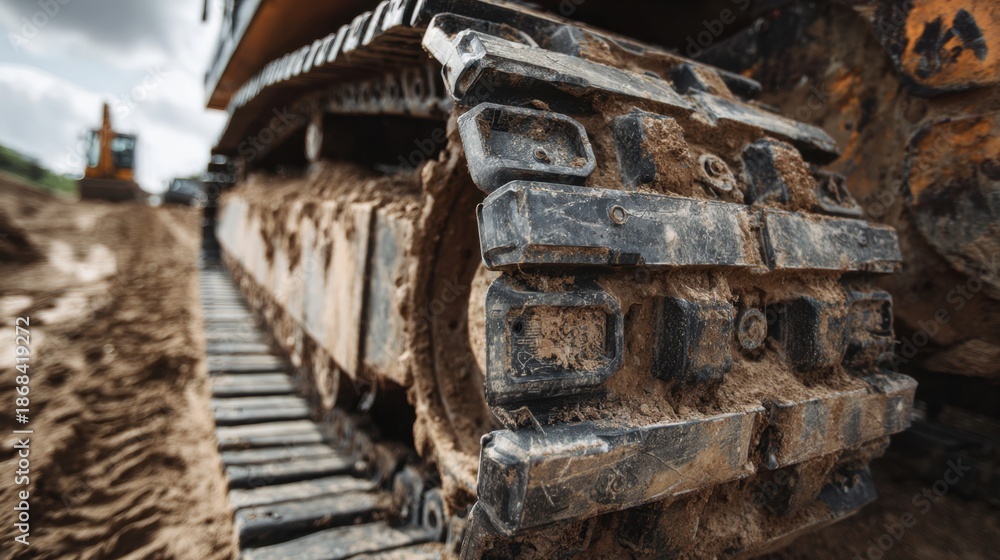 Fototapeta premium Close up view of a muddy excavator track on a construction site with another machine in the distance