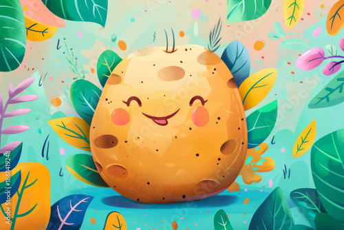 Whimsical Vegetable Mascot Showcasing Joyful Expression Amid Tropical Greenery And Floating Leaves