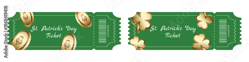 Set of green Saint Patrick Day festival tickets with gold coins and shamrocks