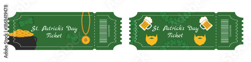 Set of green Saint Patrick Day festival tickets with pot of gold beer shamrocks beads and decorations