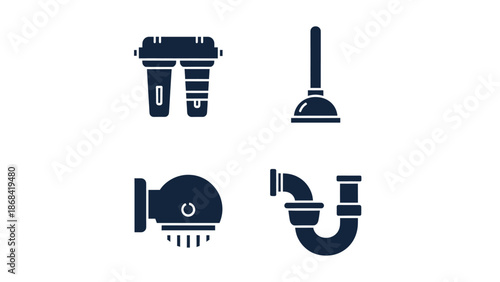 A collection of essential plumbing icons including water filter, plunger, shower head, and pipe trap