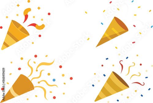 Colorful Party Favor Icons with Streamers for Fun Celebration Web Elements on Transparent background