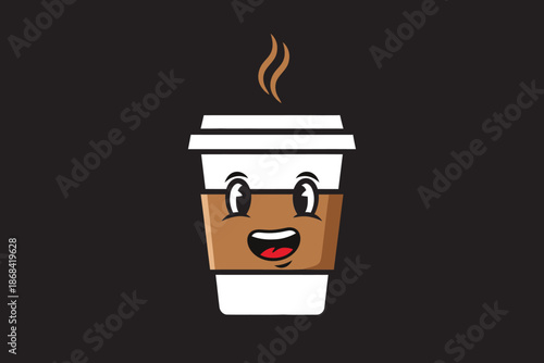 Cartoon illustration of a happy disposable coffee cup with steam rising paper cup hot drink