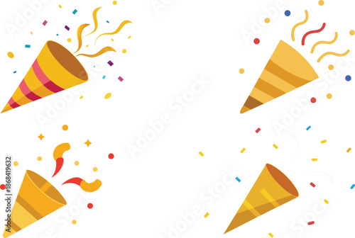 Flat Vector Illustration of Exploding Party Poppers with Colorful Streamers and Dots on Transparent background