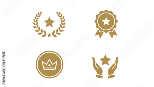 A collection of premium quality, achievement, and best rating icons in a gold color