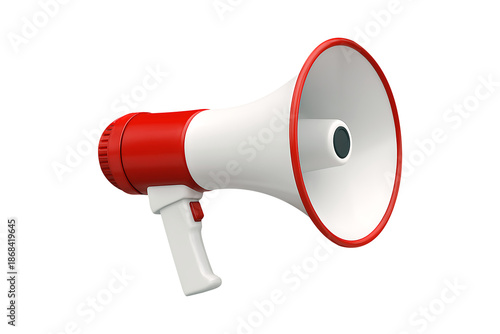 Red and White Megaphone Isolated on White Background, 3D Rendering of Bullhorn