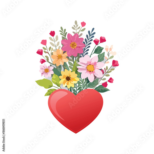 A beautiful pink floral heart illustration featuring a bouquet of spring flowers and roses in a decorative nature design for a romantic Valentine wedding card