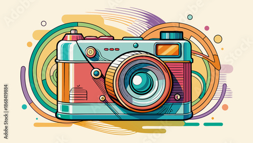 Very beautiful one line digital camera illustration in hand drawn minimalism style, presenting a sleek technology gadget concept perfect for modern vector design, creative layouts, and photography-the