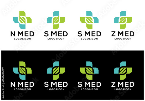 Collection of vector designs of medical logo icons with initial letters S, N, and Z. Medical cross logo with leaves.