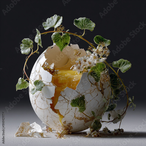 An ultra-realistic, surreal conceptual image of a perfectly white eggshell with subtle green veins reminiscent of plant roots, cracked to reveal a golden yolk, with tiny green leaves wrapped around it