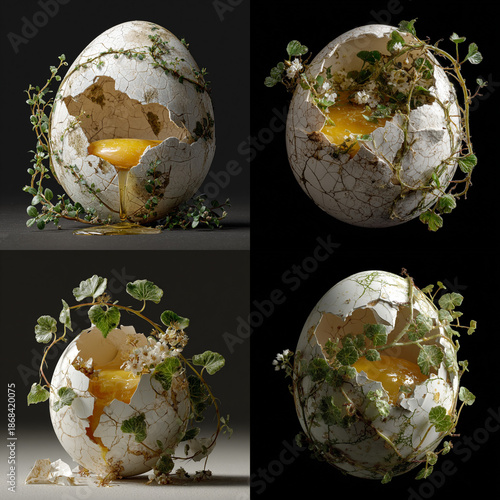 An ultra-realistic, surreal conceptual image of a perfectly white eggshell with subtle green veins reminiscent of plant roots, cracked to reveal a golden yolk, with tiny green leaves wrapped around it