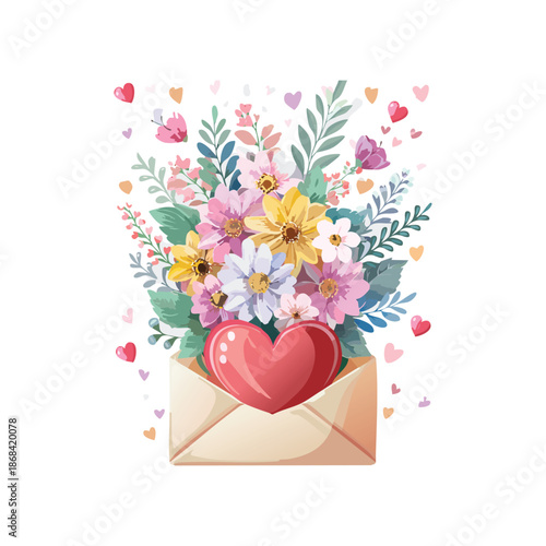 A decorative pink floral heart illustration featuring flowers and butterflies in a vector design perfect for a romantic Valentine's Day wedding card or spring holiday greeting ornament