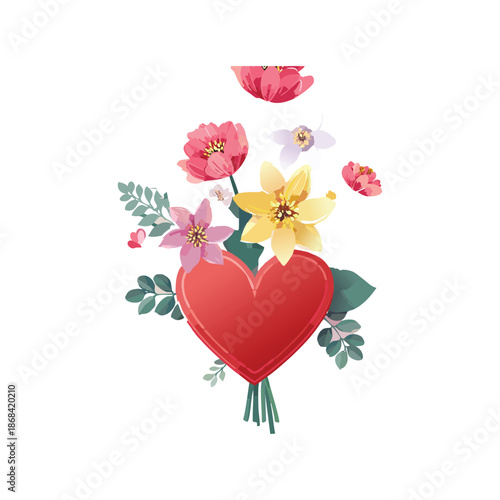 A decorative pink heart frame with red roses and floral vector art creates a romantic Valentine's Day card illustration for a wedding bouquet design