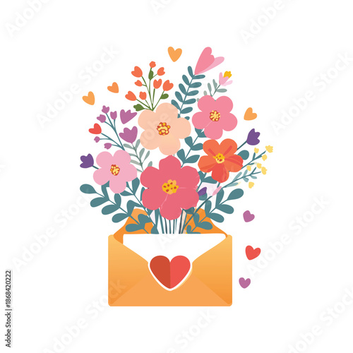 Vector illustration of a spring nature tree design with pink hearts and floral flowers in a pot for a Valentine love gift card or birthday greeting art decoration