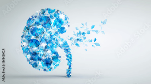 Blue crystal human kidney with botanical elements, clean modern renal health illustration for wellness, medicine, and healthcare branding